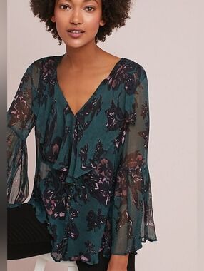 Anthropologie Dark Teal and Purple Sheer Blouse